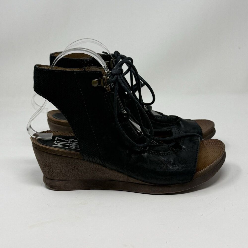 Miz Mooz Satine Gladiator Wedge Sandals Womens 9 EU 40 Black Leather Lace Up Zip